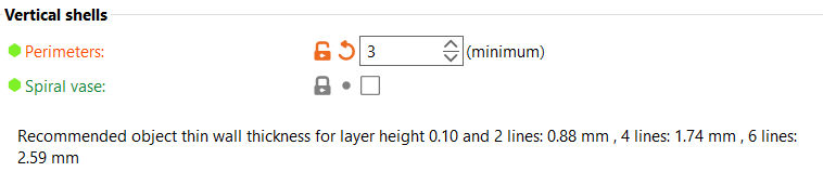 Vertical shells settings showing perimeters set to 3