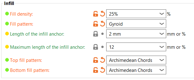 Infill settings showing 25 percent fill density and Gyroid pattern
