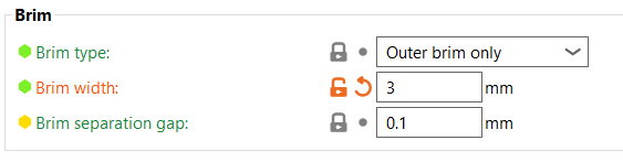 Brim settings showing outer brim only, 3mm width