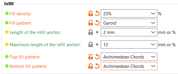 PrusaSlicer infill settings showing 25 percent Gyroid infill with Archimedean Chords top and bottom fill
