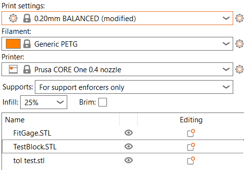 PrusaSlicer panel showing the print profile, filament, printer, supports, infill, and brim settings